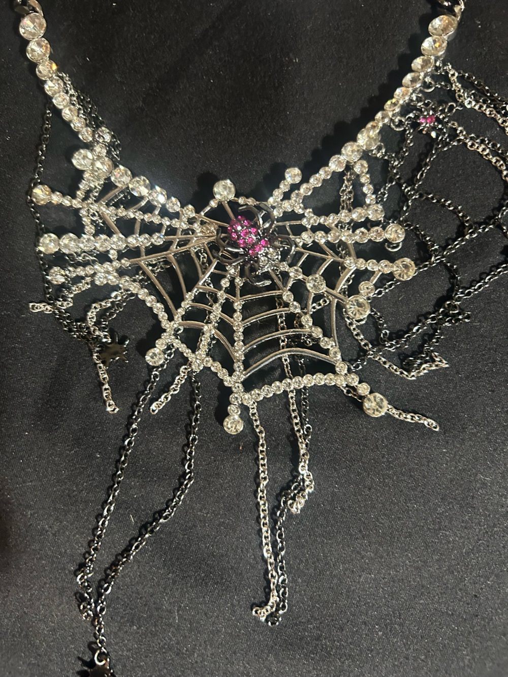 Betsey Johnson Black and Clear Spiderweb Necklace with Pink Accent - Picture 2 of 4